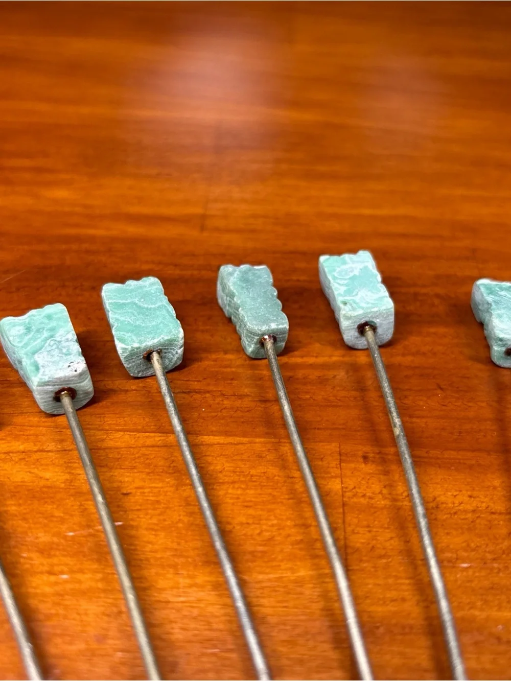 Vtg Cocktail Hors D'oeuvre Picks With Green Tiki Style Carved Stone Handle